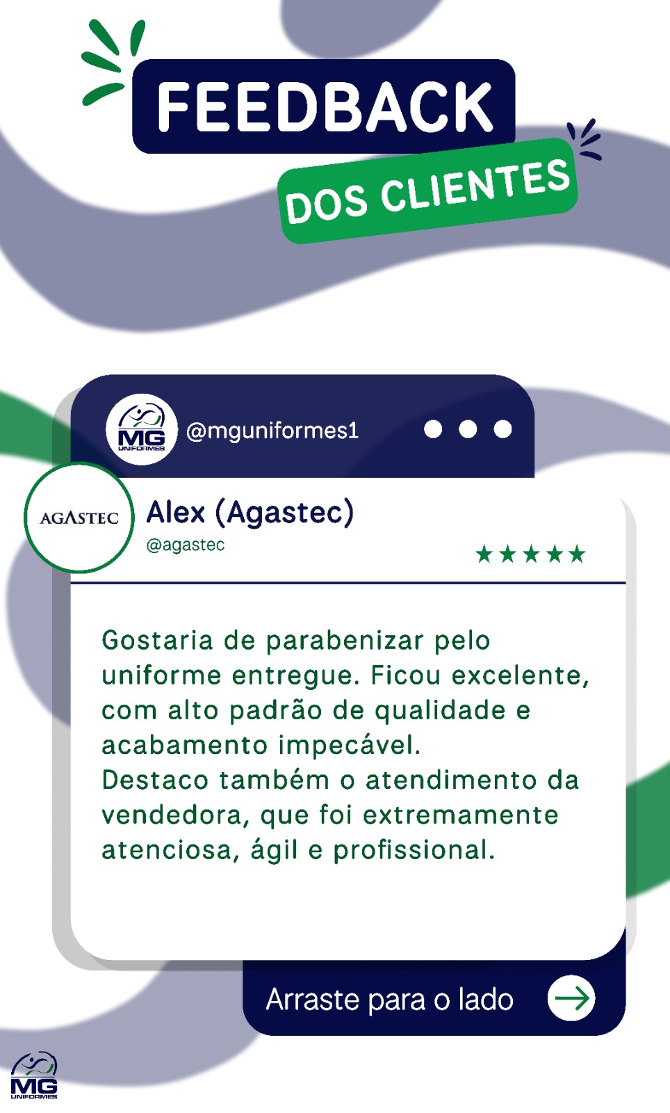 Print do depoimento de Alex, da Agastec, elogiando o alto padrão de qualidade, o acabamento impecável e o atendimento da vendedora.