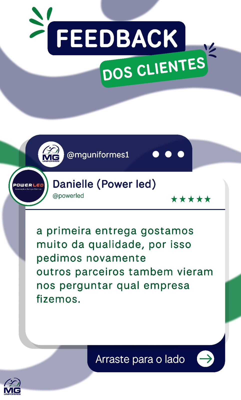 Print do depoimento de Danielle, da Power Led, contando que repetiram o pedido pela qualidade e que parceiros perguntaram qual empresa produziu.